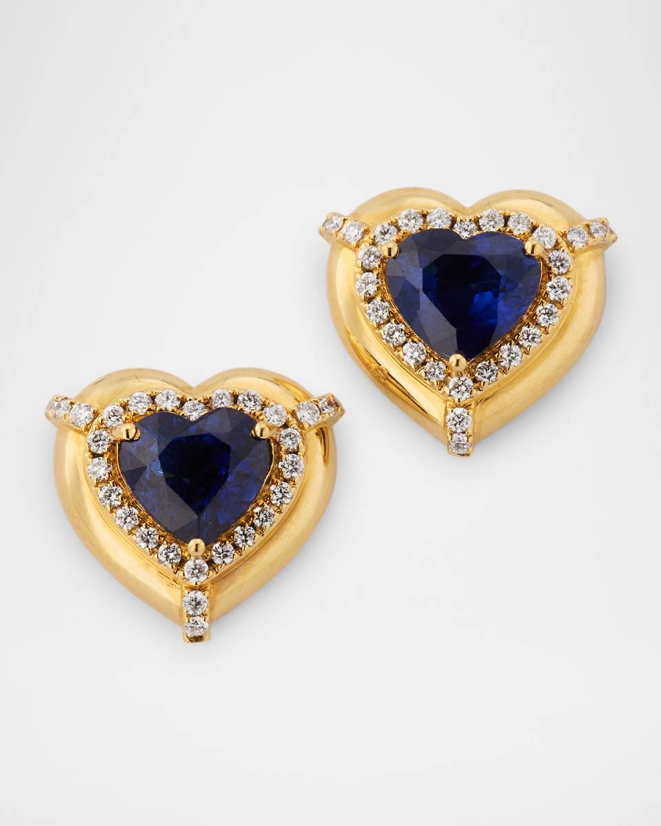 18K Yellow Gold Blue Sapphire Heart Earrings with Diamonds